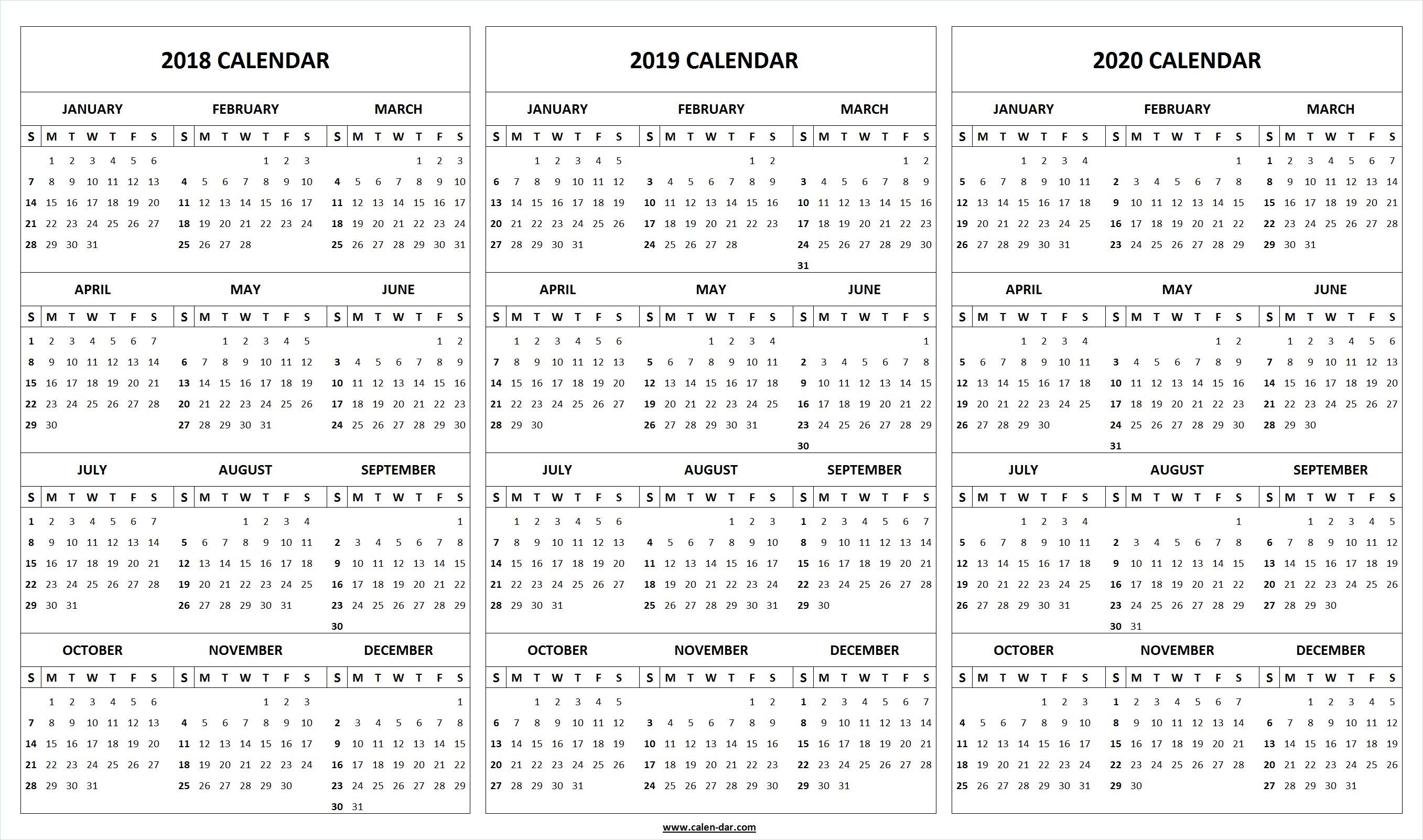 Print Blank 2018 2019 2020 Calendar Template
