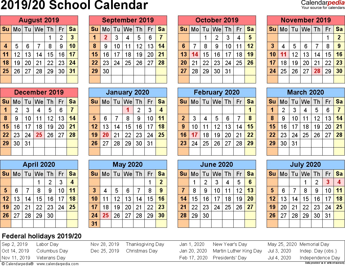 School calendars 2019 2020 as free printable Excel templates