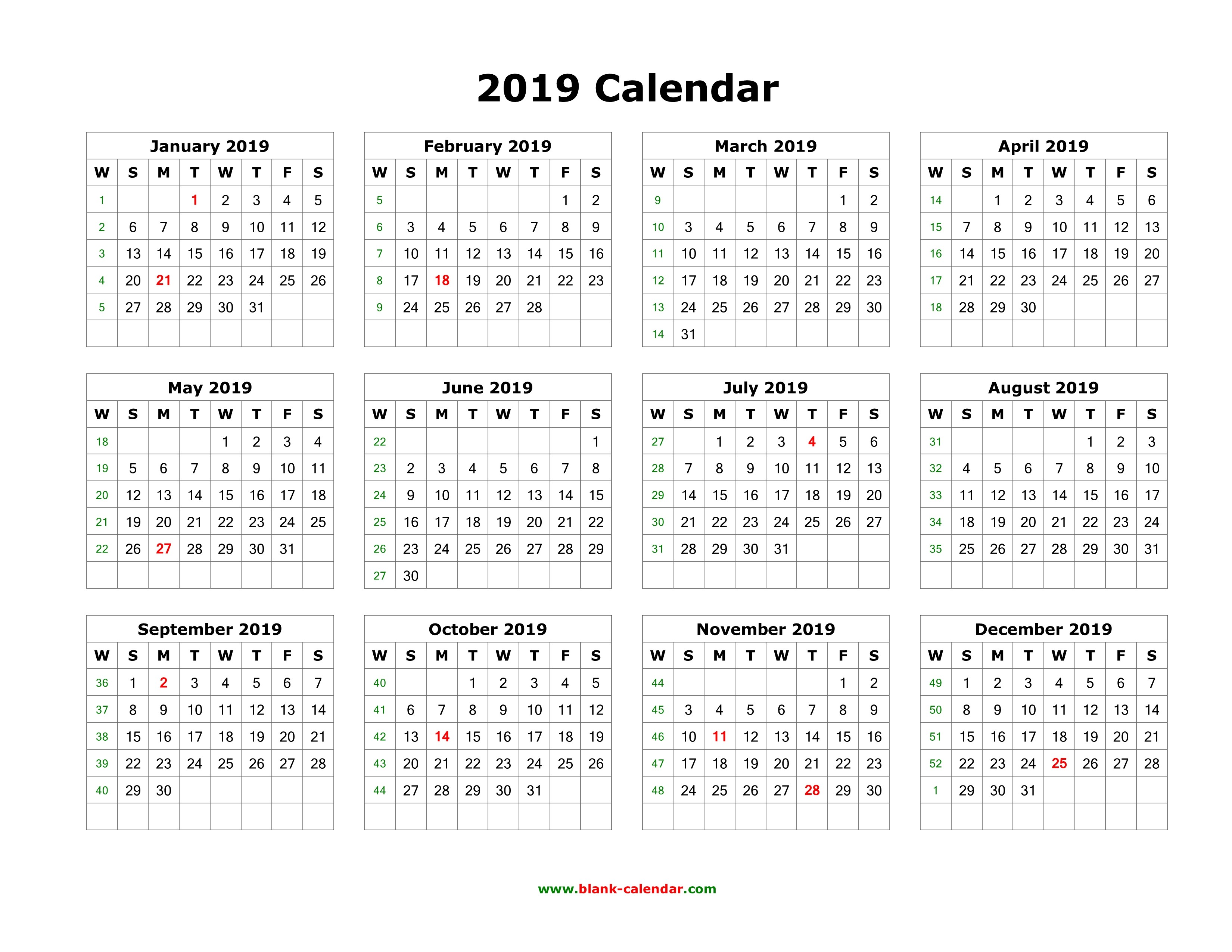 Download Blank Calendar 2019 12 months on one page