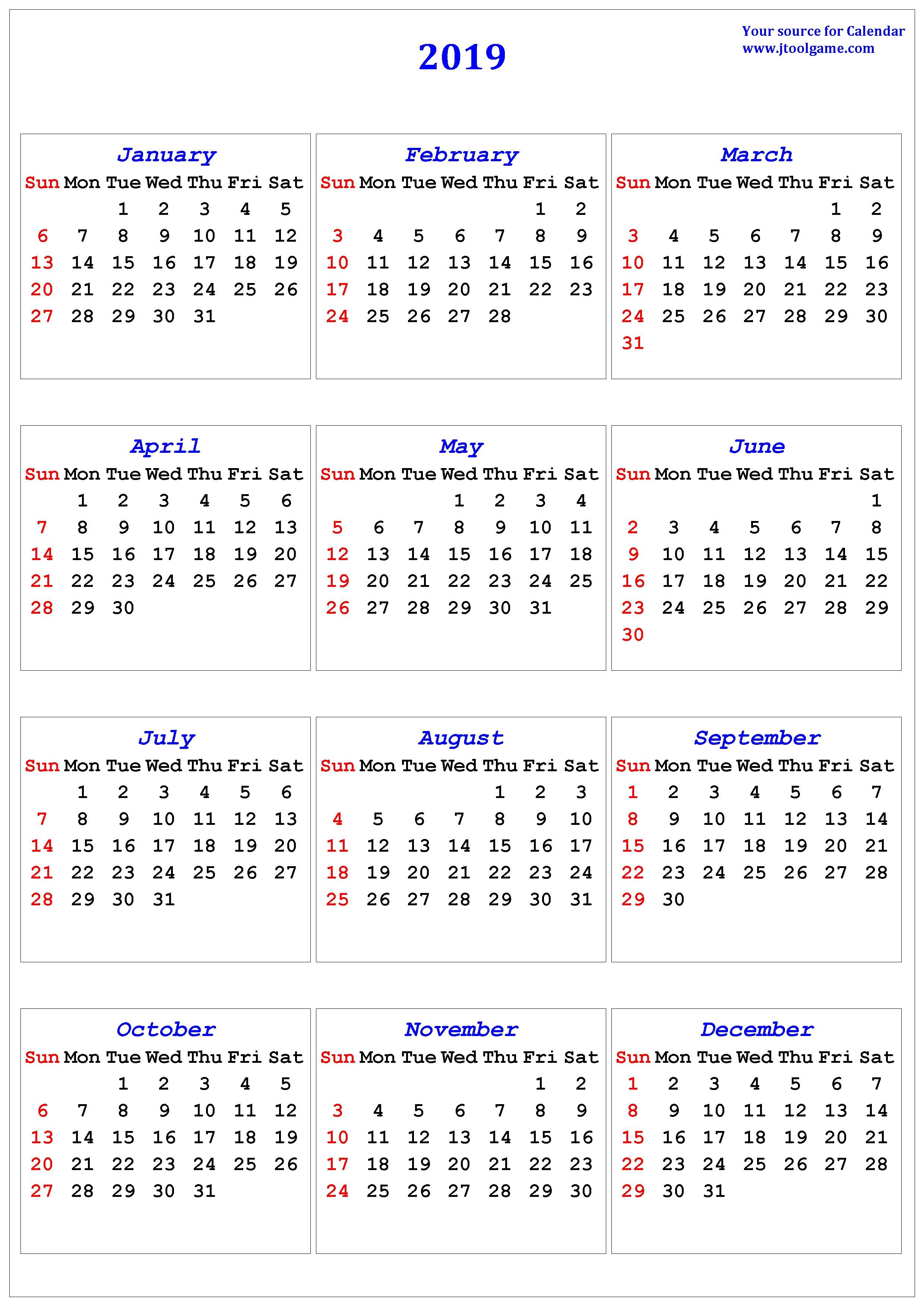 2019 Calendar printable Calendar 2019 Calendar in