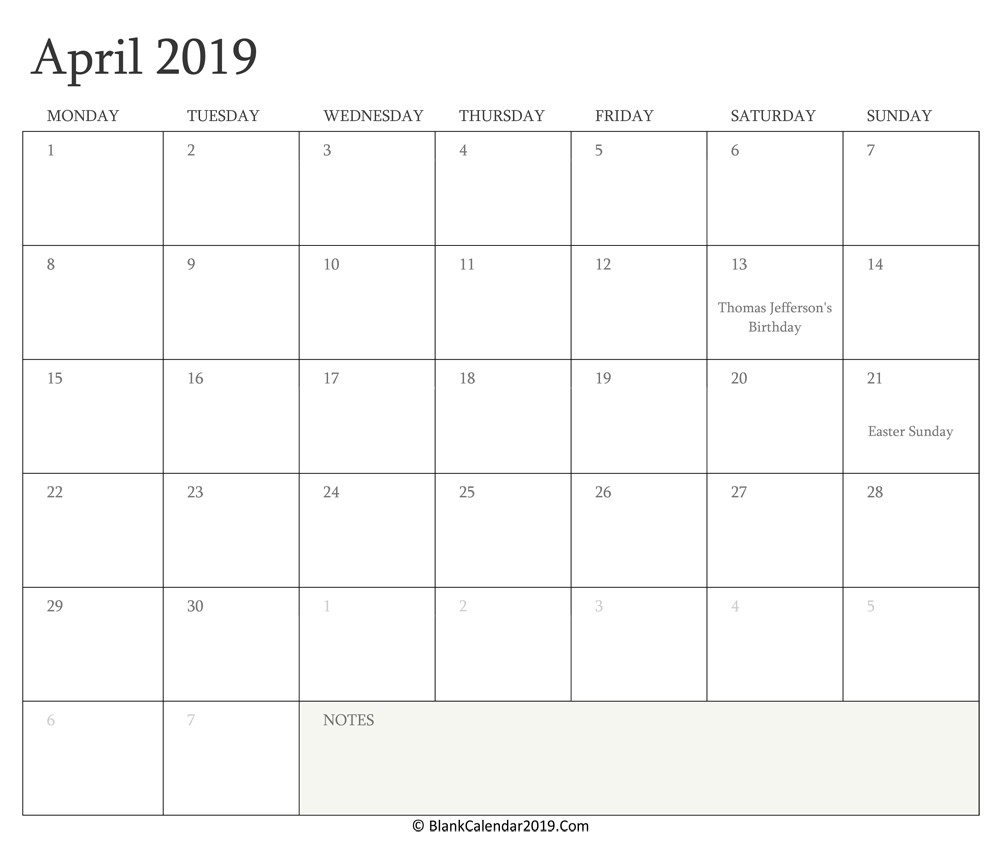 April 2019 Calendar Printable with Holidays Landscape