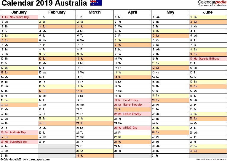 Australia Calendar 2019 free printable PDF templates
