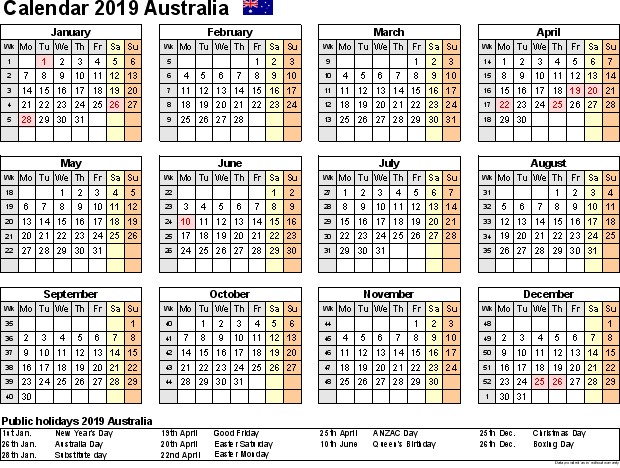 Free Printable Calendar 2019 with Australia Holidays
