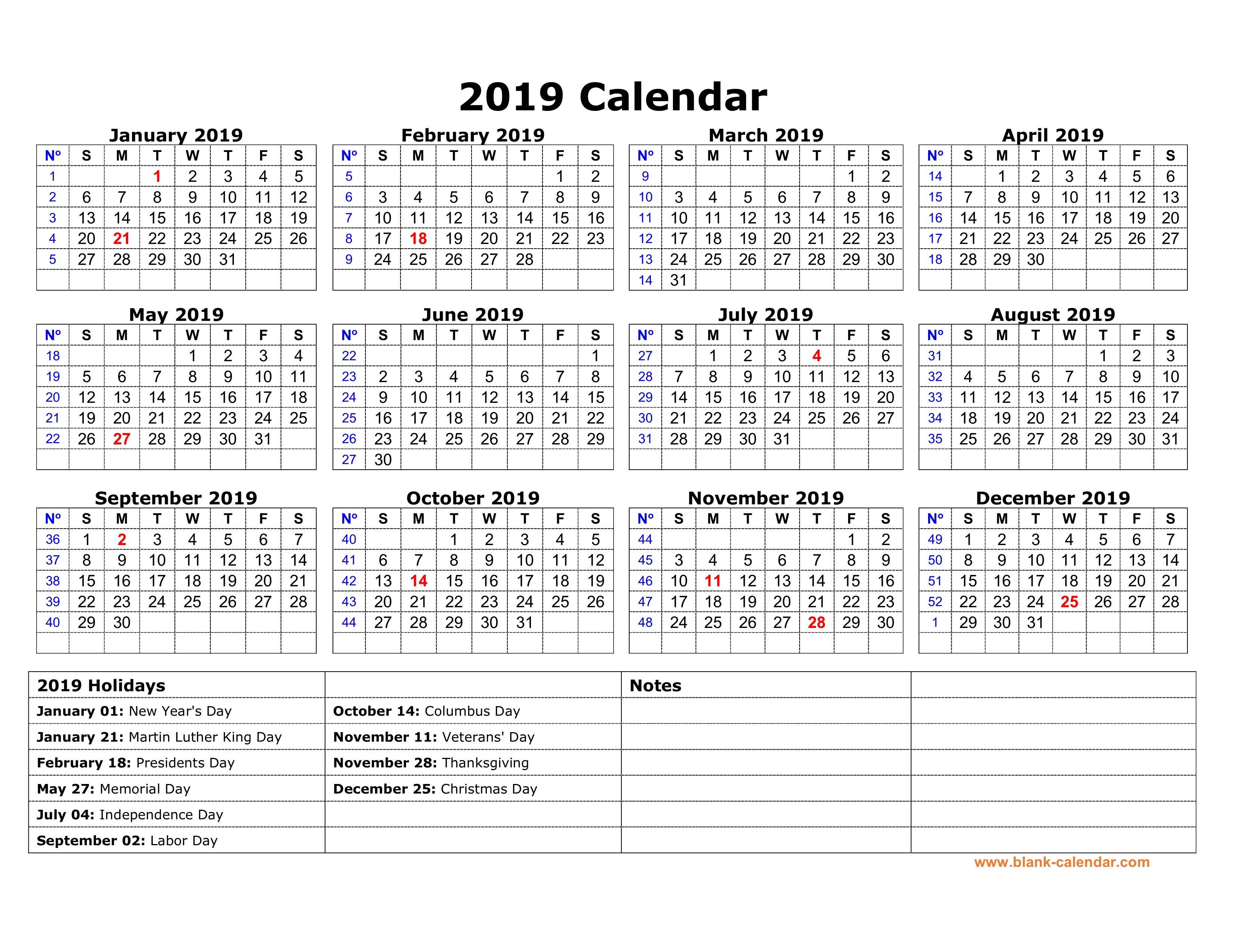 Free Download Printable Calendar 2019 with US Federal