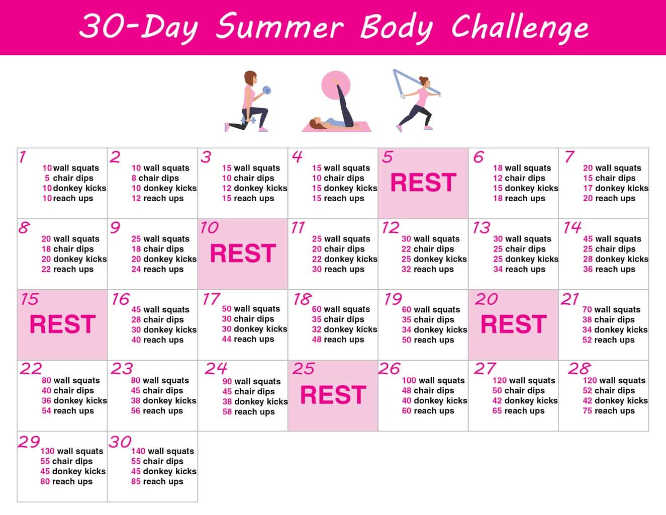 30 Day Summer Body Challenge Free Printable Workout Schedule