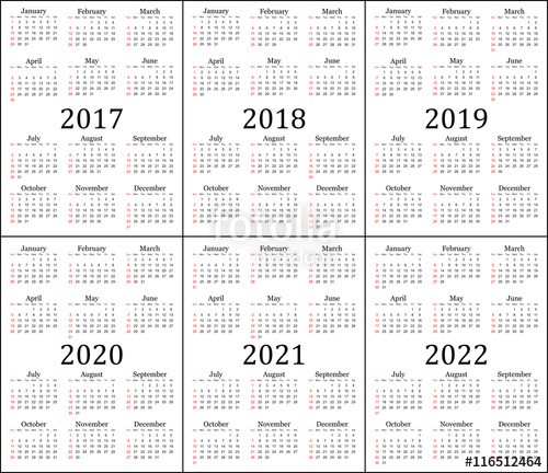 "Six year calendar 2017 2018 2019 2020 2021 and 2022