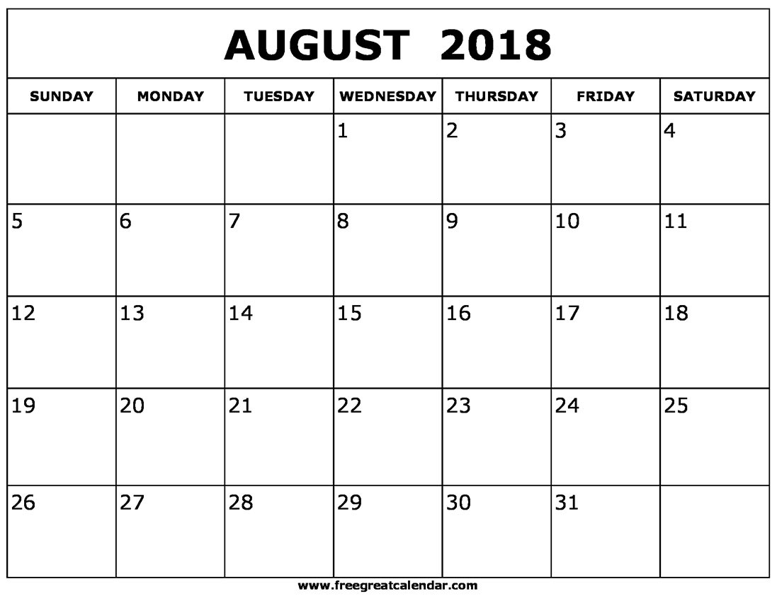 Blank August 2018 Calendar Printable