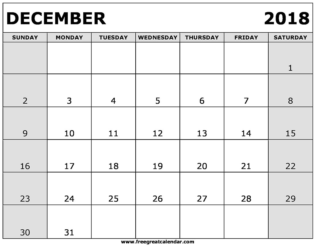 Blank December 2018 Calendar Printable
