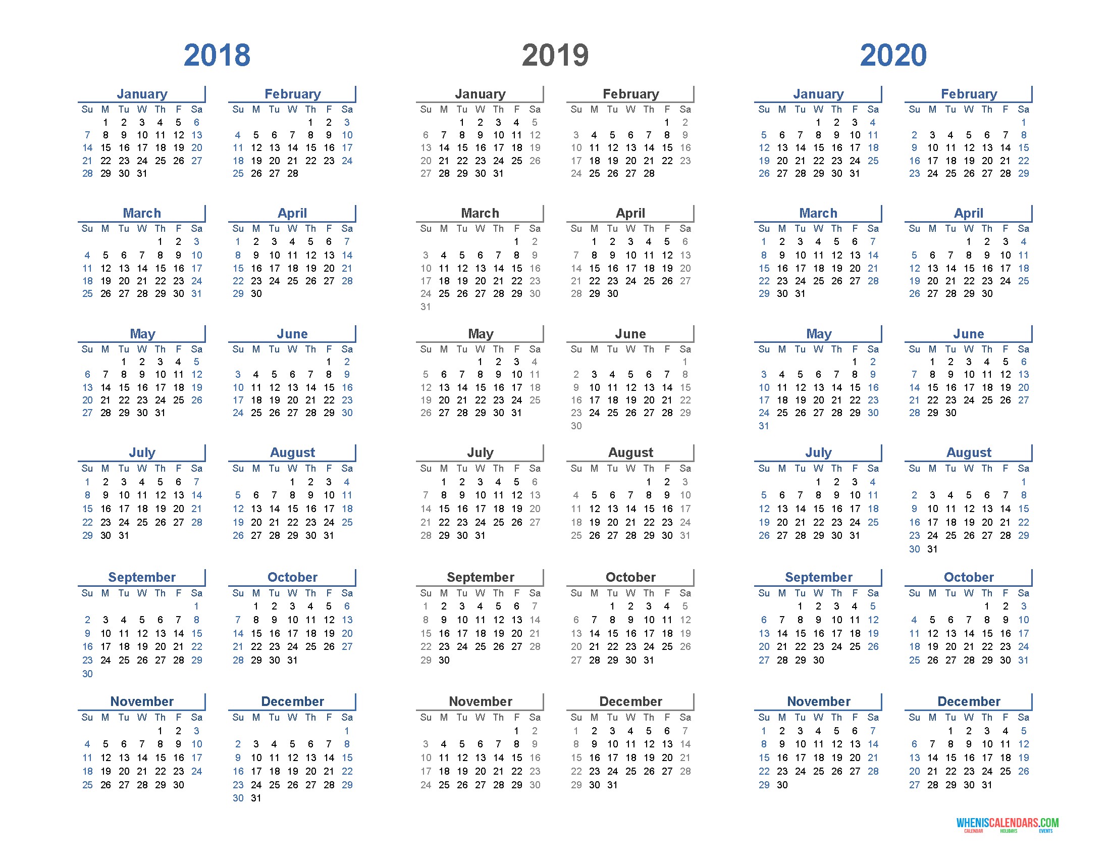 Printable Calendar 2018 2019 and 2020 3 Year Calendar