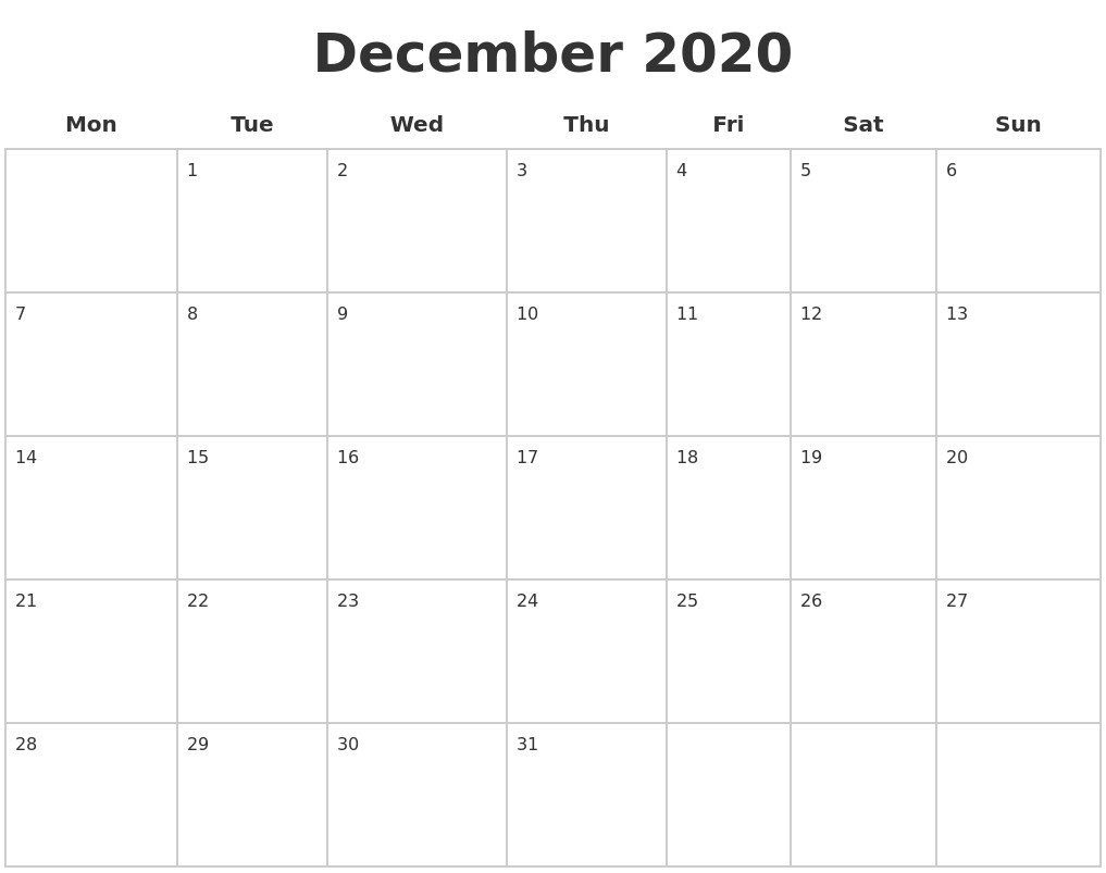 December 2020 Blank Calendar Pages