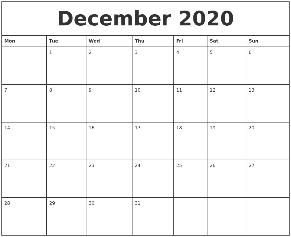 December 2020 Printable Monthly Calendar
