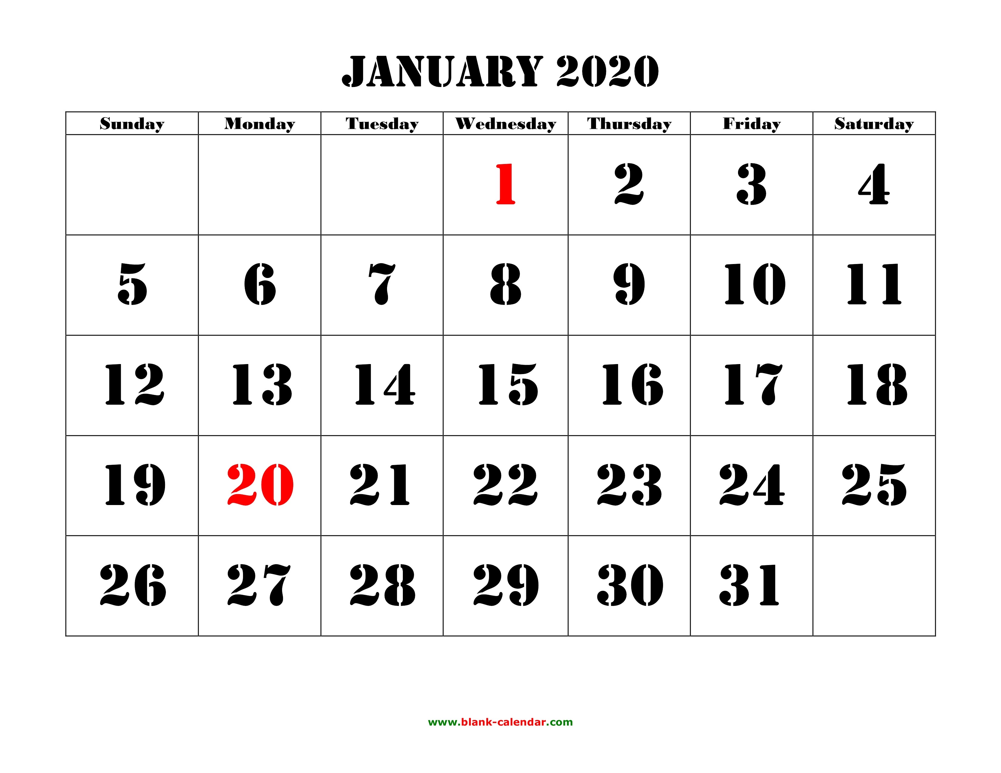 Free Download Printable January 2020 Calendar large font