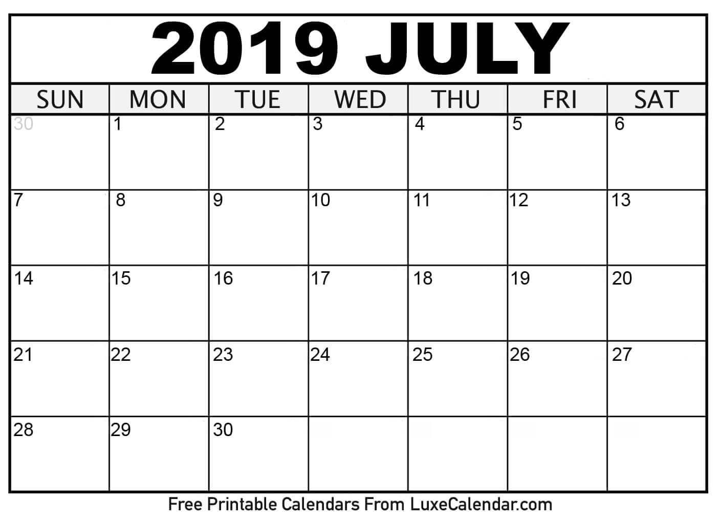 Blank July 2019 Printable Calendar Luxe Calendar