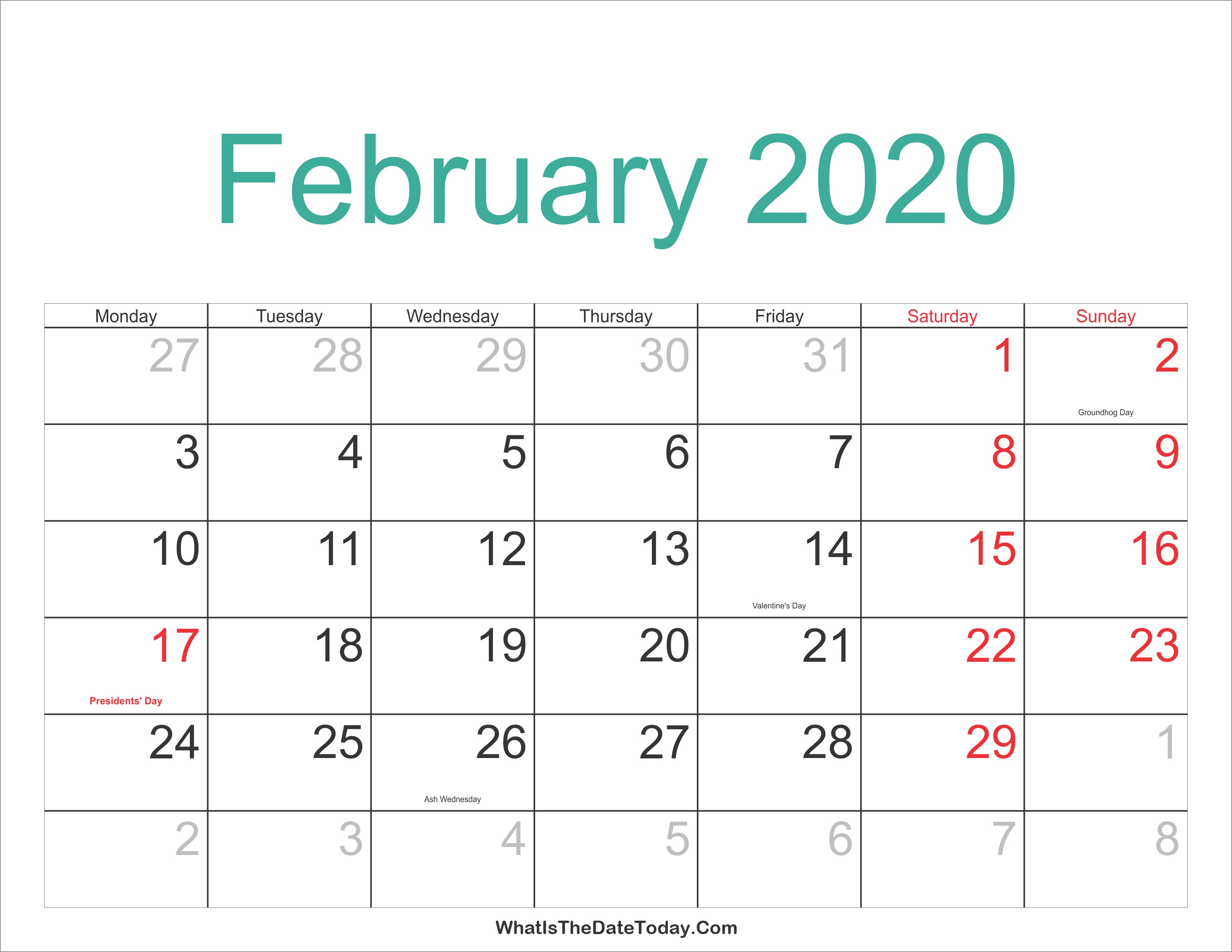 February 2020 Calendar Printable with Holidays