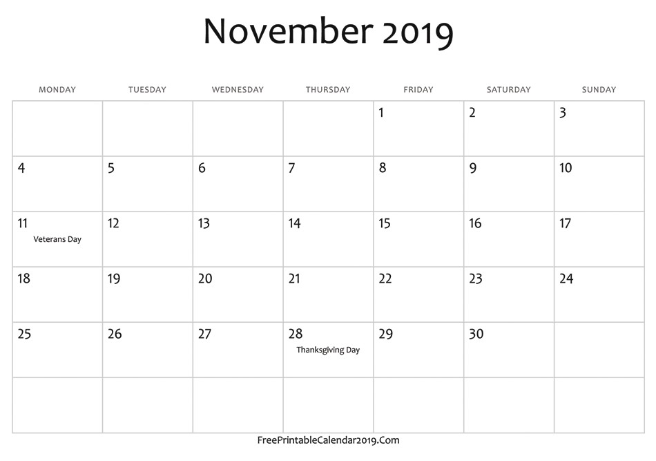 November 2019 Calendar Templates