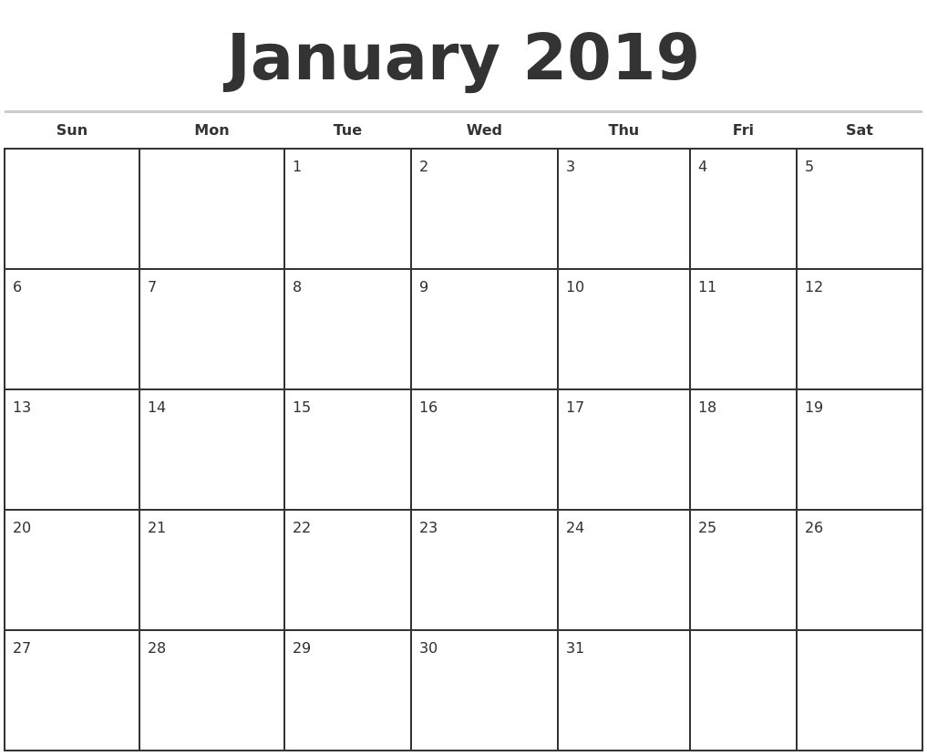 Printable Calendars 2019 Monthly January 2019 Monthly