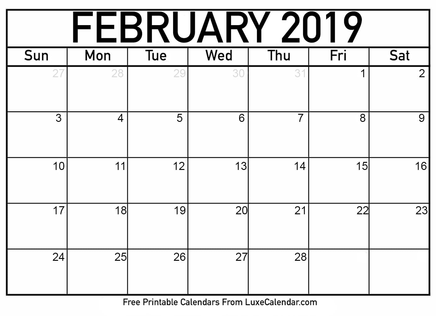 Blank February 2019 Printable Calendar Luxe Calendar