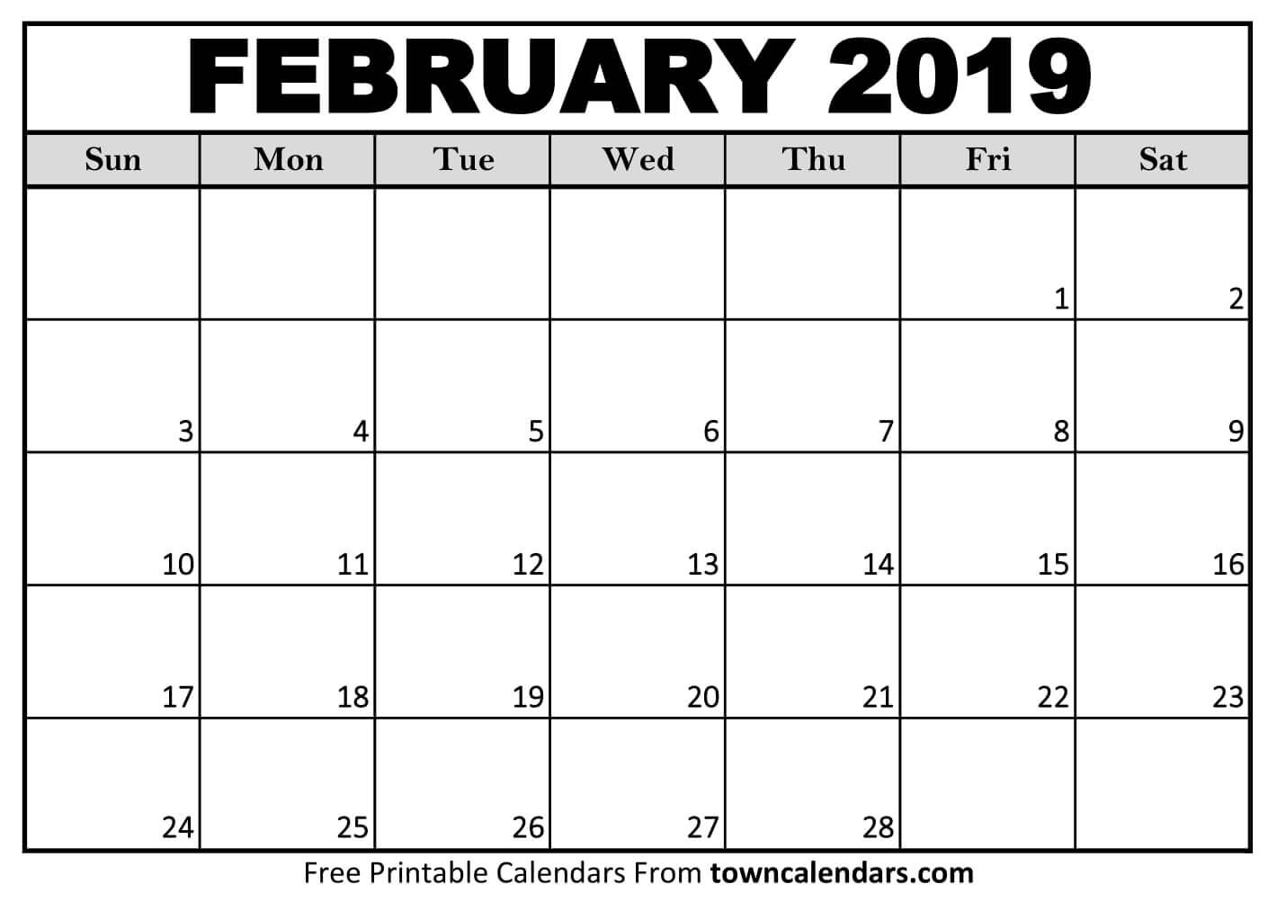 Printable February 2019 Calendar towncalendars
