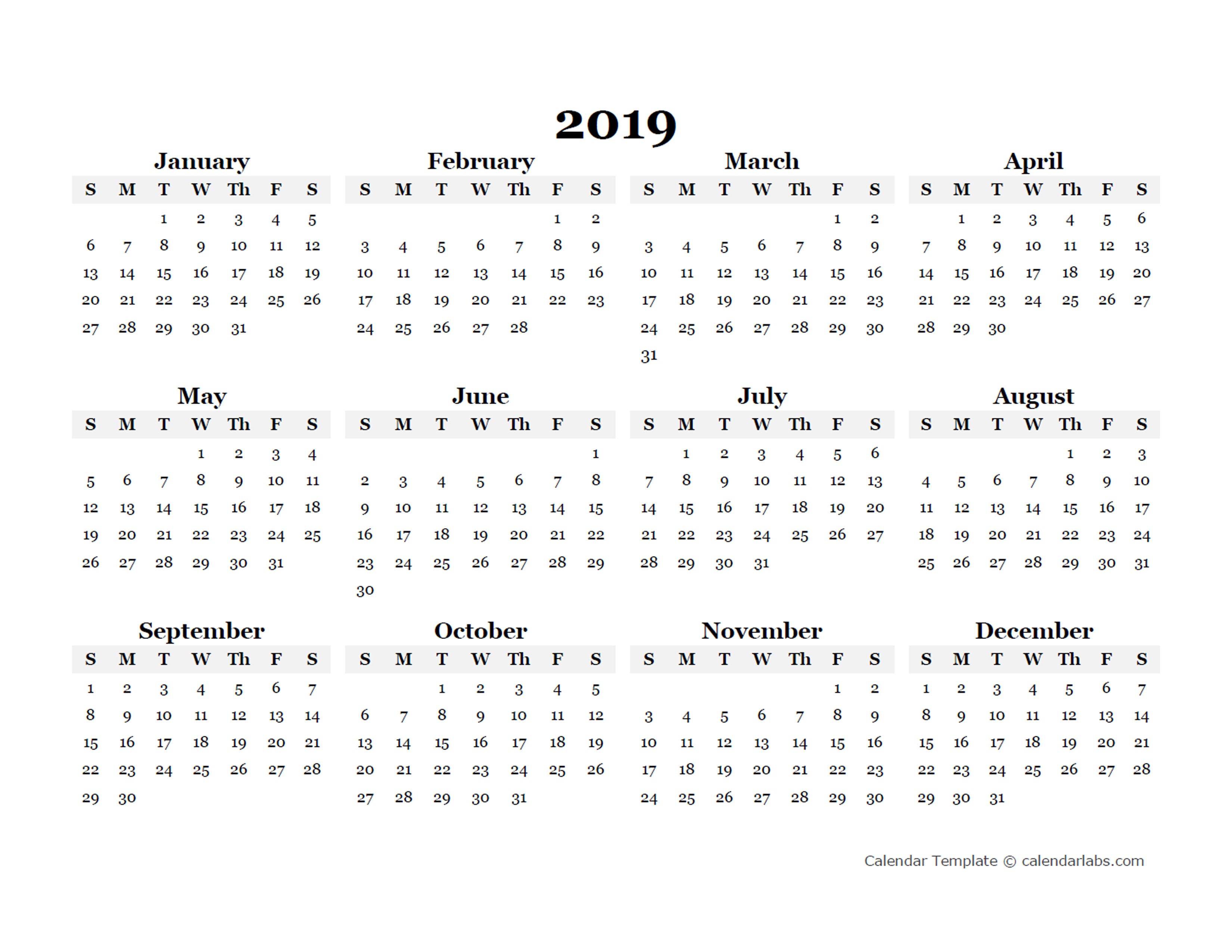 2019 Yearly Blank Calendar Template Free Printable Templates