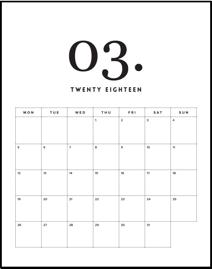 Free Printable Minimal Calendar 2018