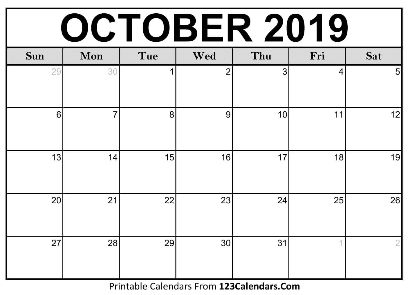Printable October 2019 Calendar Templates 123Calendars