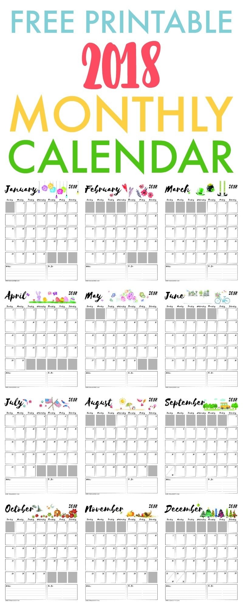 Free Printable Calendar 2018 Free PDF Monthly Calendar