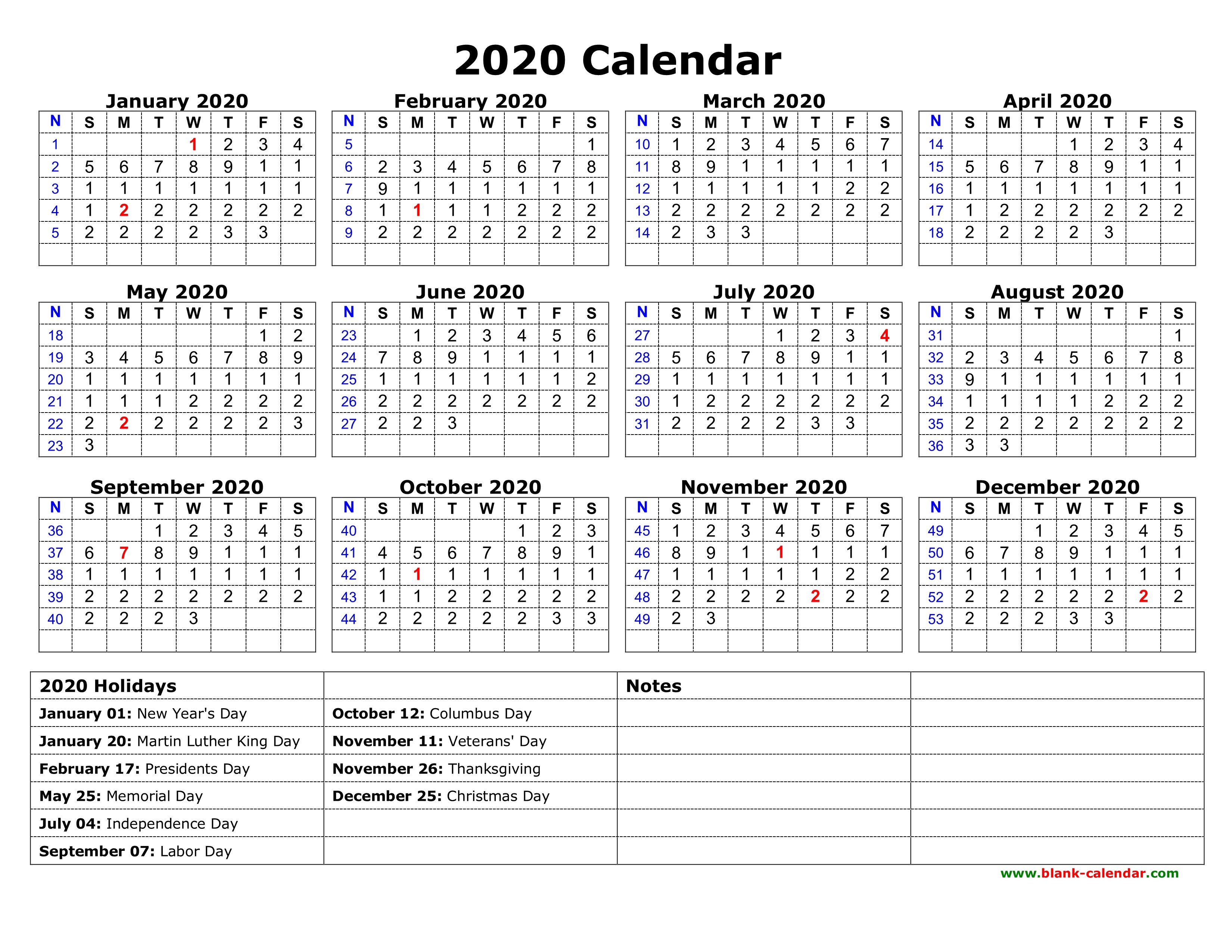 Free Download Printable Calendar 2020 with US Federal
