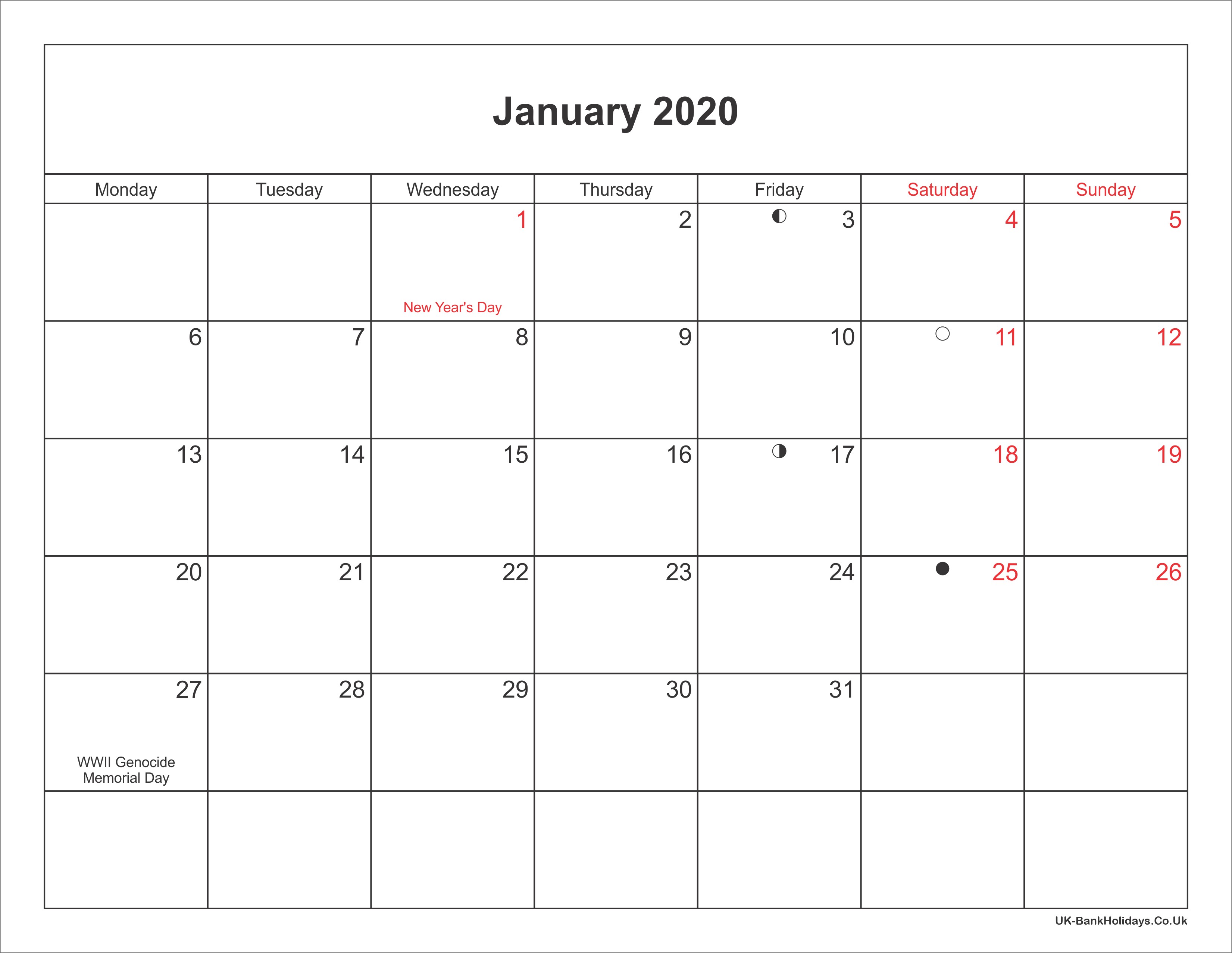 January 2020 Calendar Printable with Bank Holidays UK
