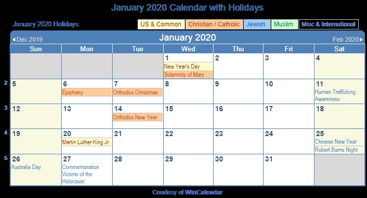 Print Friendly January 2020 US Calendar for printing