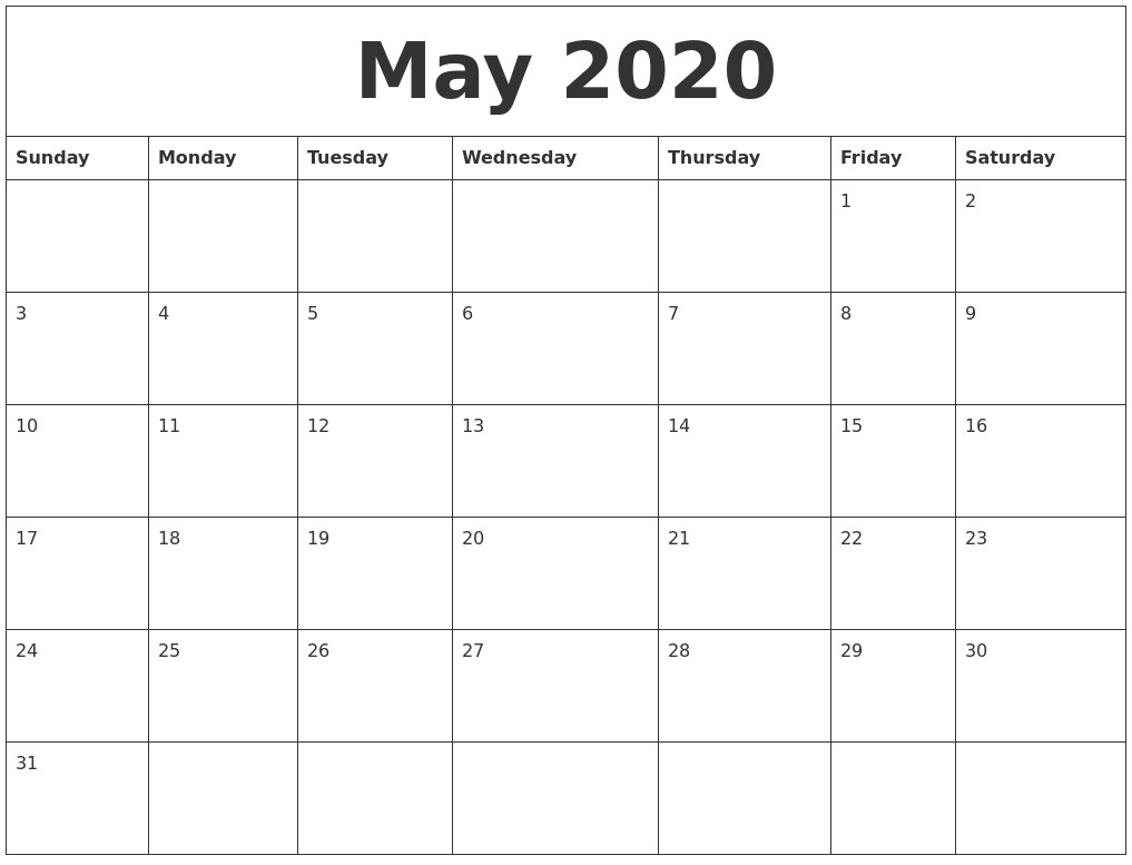 May 2020 Calendar Month