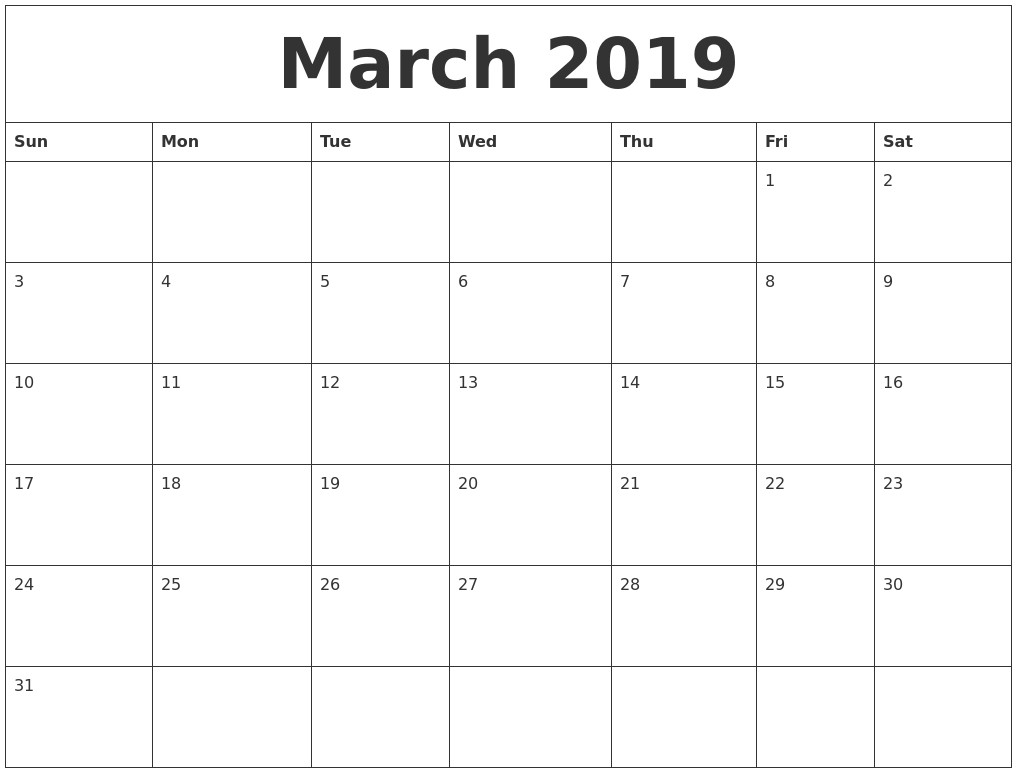 April 2019 Calendar Word