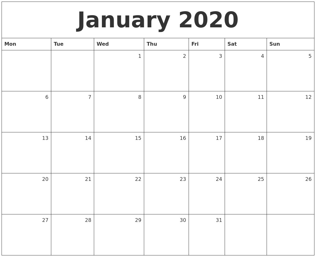 January 2020 Monthly Calendar