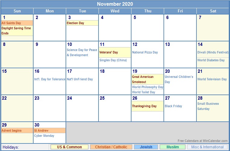 November 2020 US Calendar with Holidays for printing