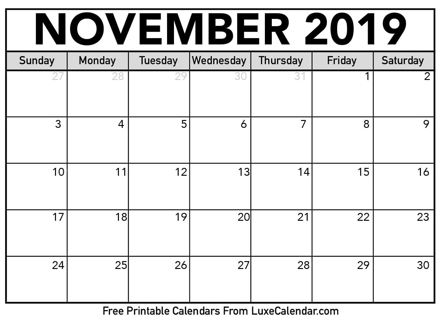 Blank November 2019 Printable Calendar Luxe Calendar