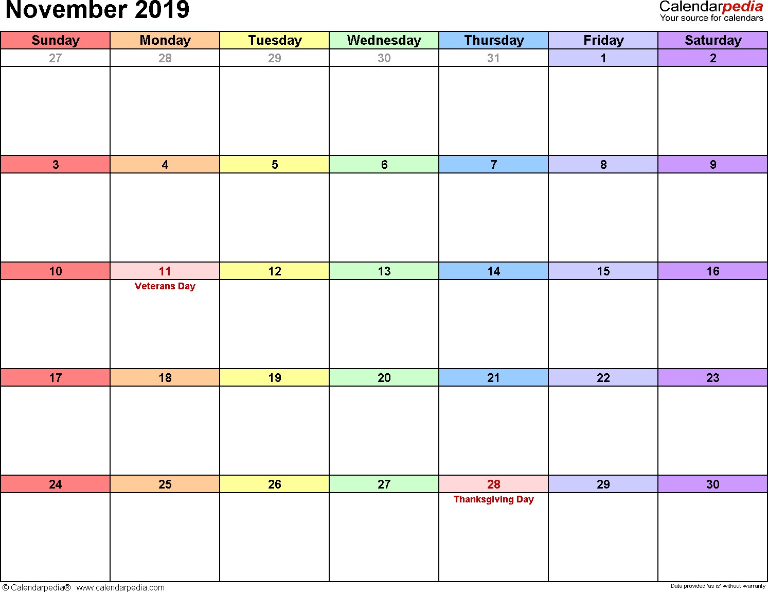 November 2019 Calendars for Word Excel & PDF