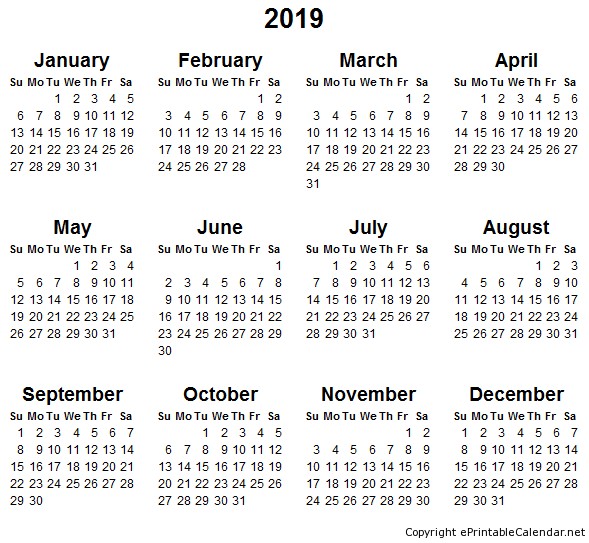 Printable calendar 2019