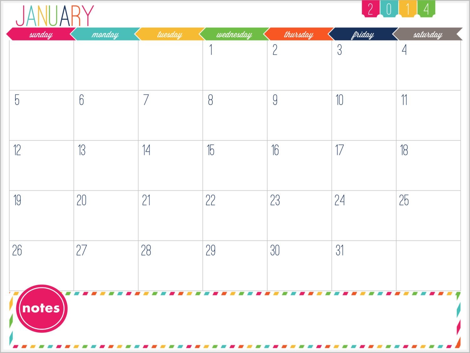 12 Month Calendar Printable Prefilled for 2014 INSTANT
