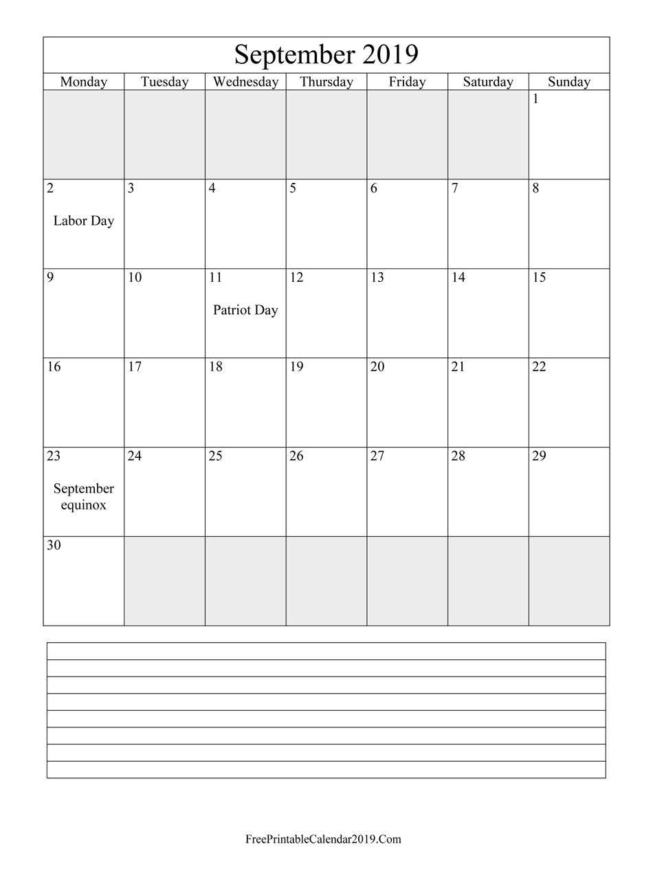 September 2019 Calendar Templates
