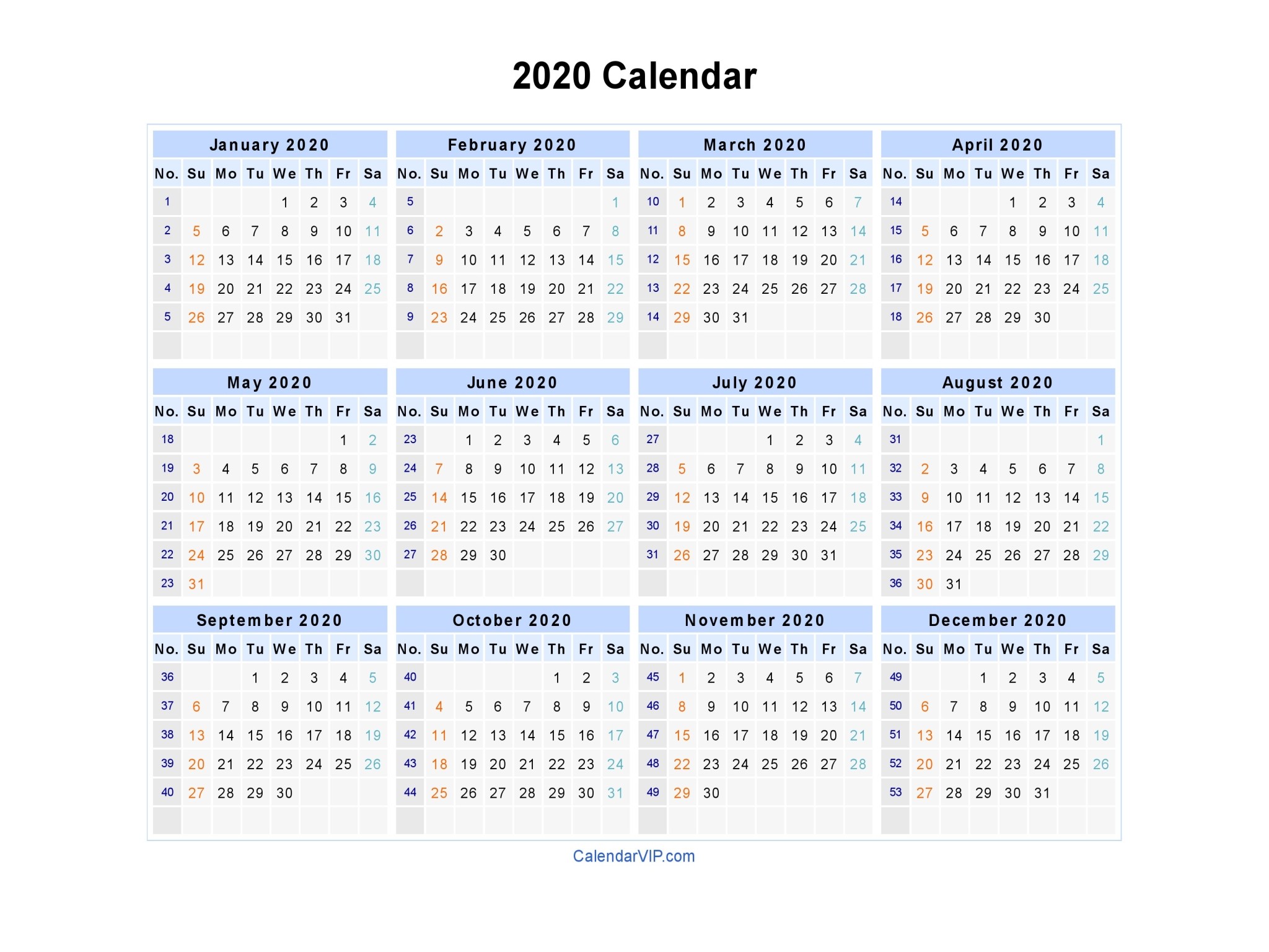 2020 Calendar Blank Printable Calendar Template in PDF