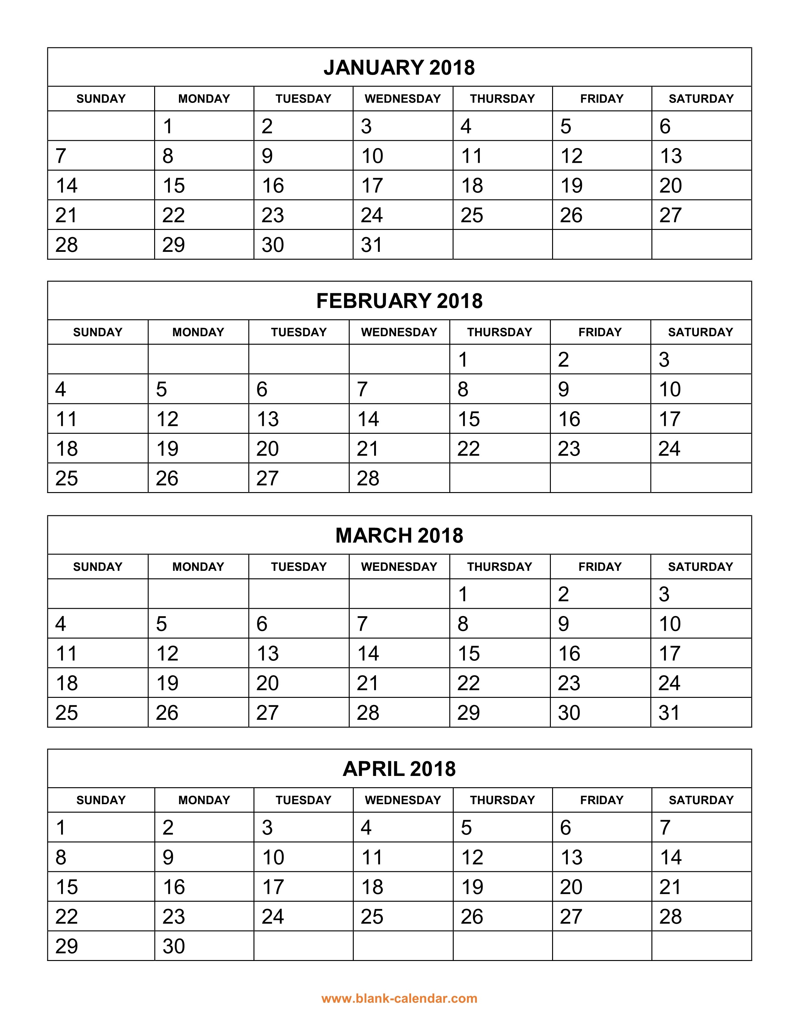Free Download Printable Calendar 2018 4 months per page