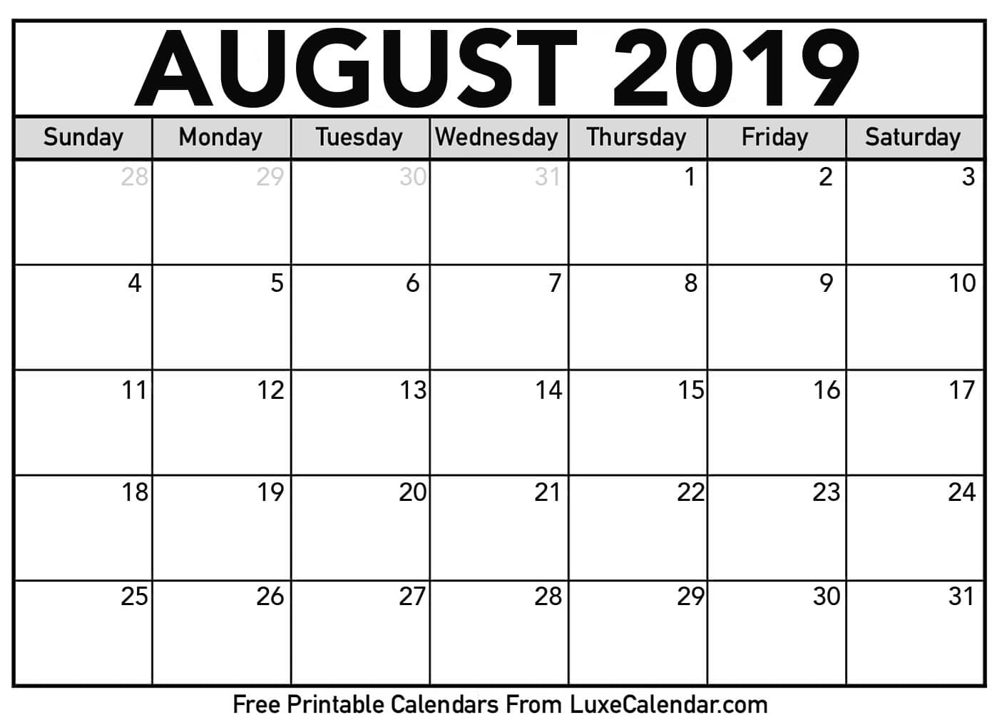 Blank August 2019 Printable Calendar Luxe Calendar
