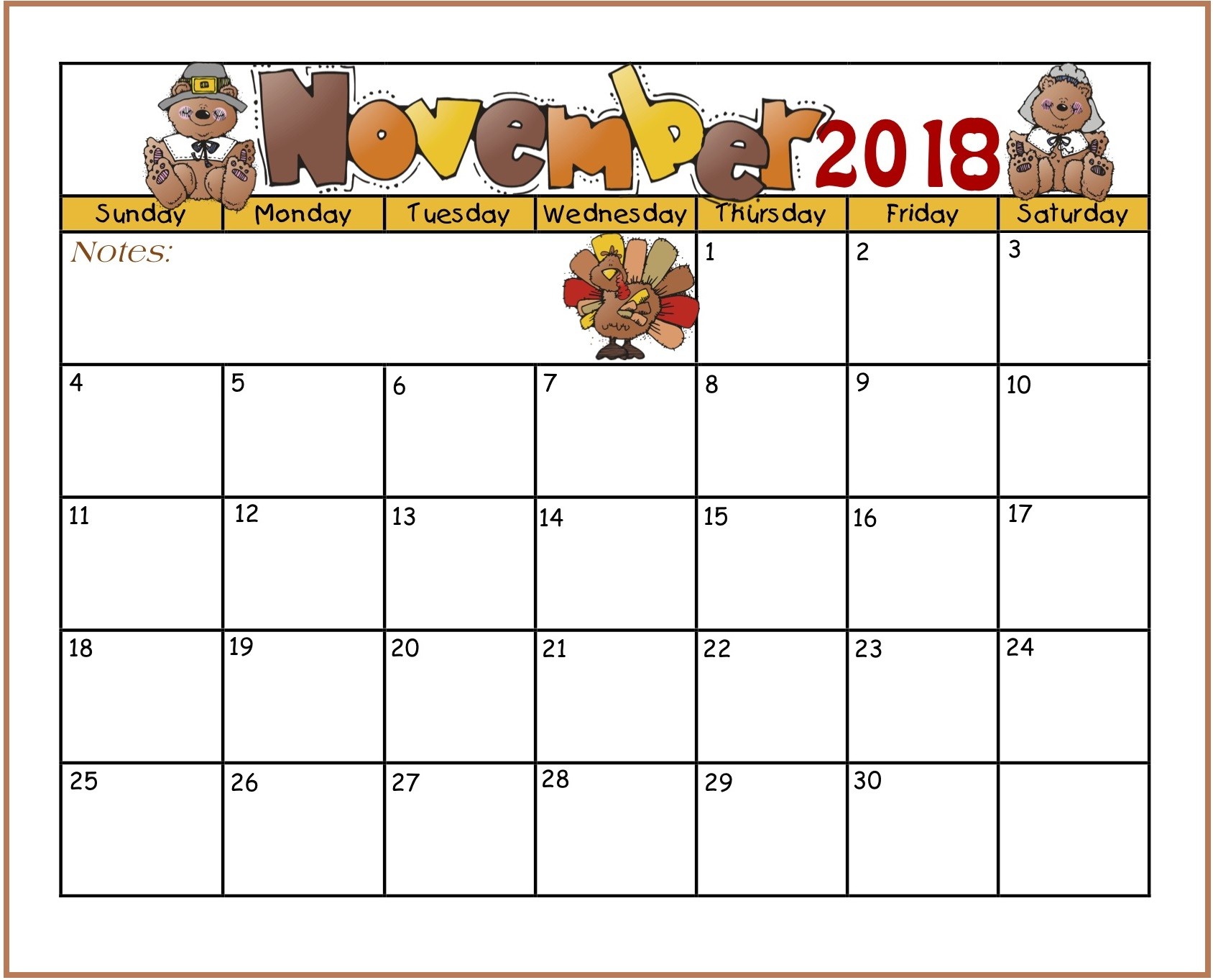 Free Printable November 2018 Calendar