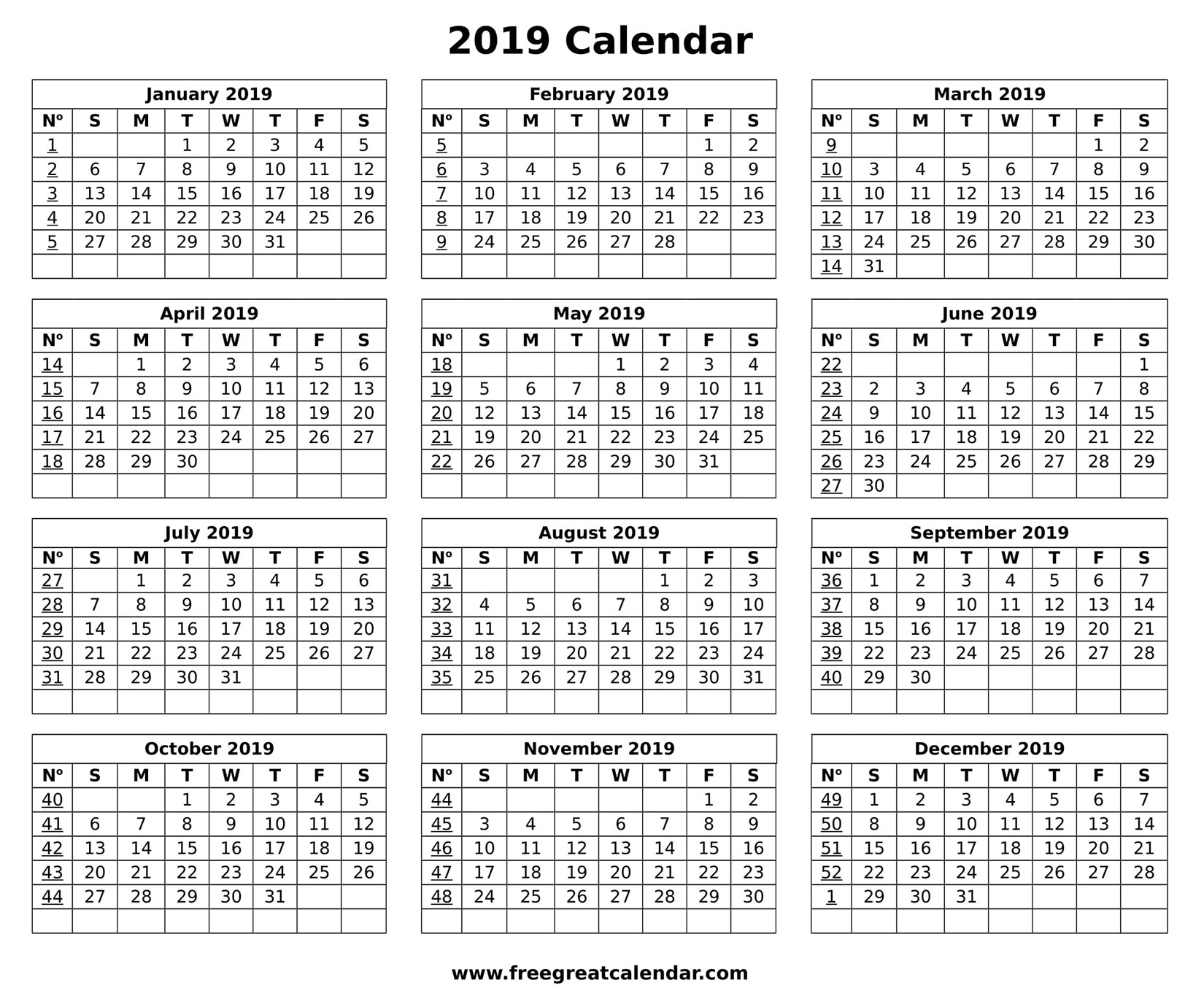 Blank 2019 Calendar Printable