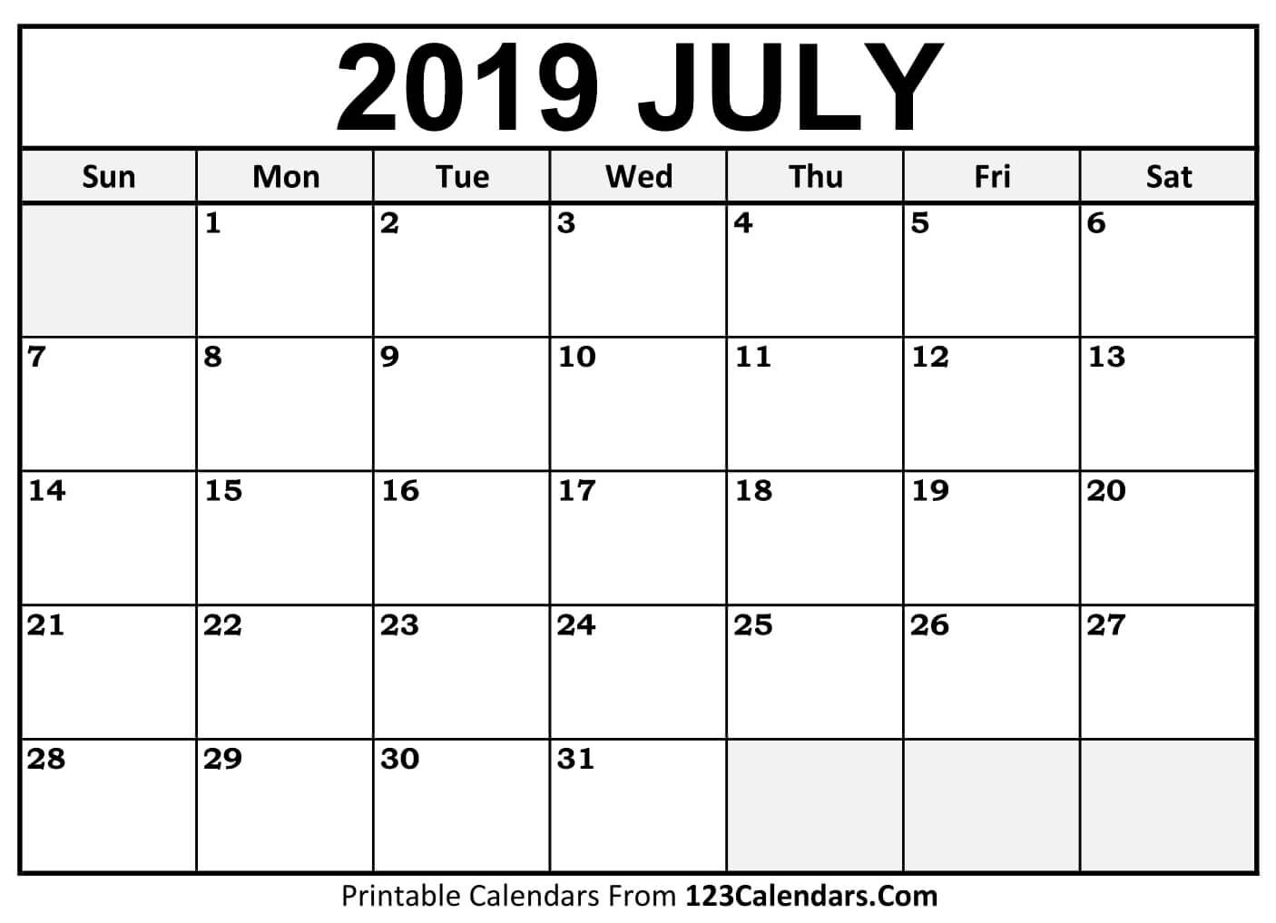 Printable July 2019 Calendar Templates 123Calendars