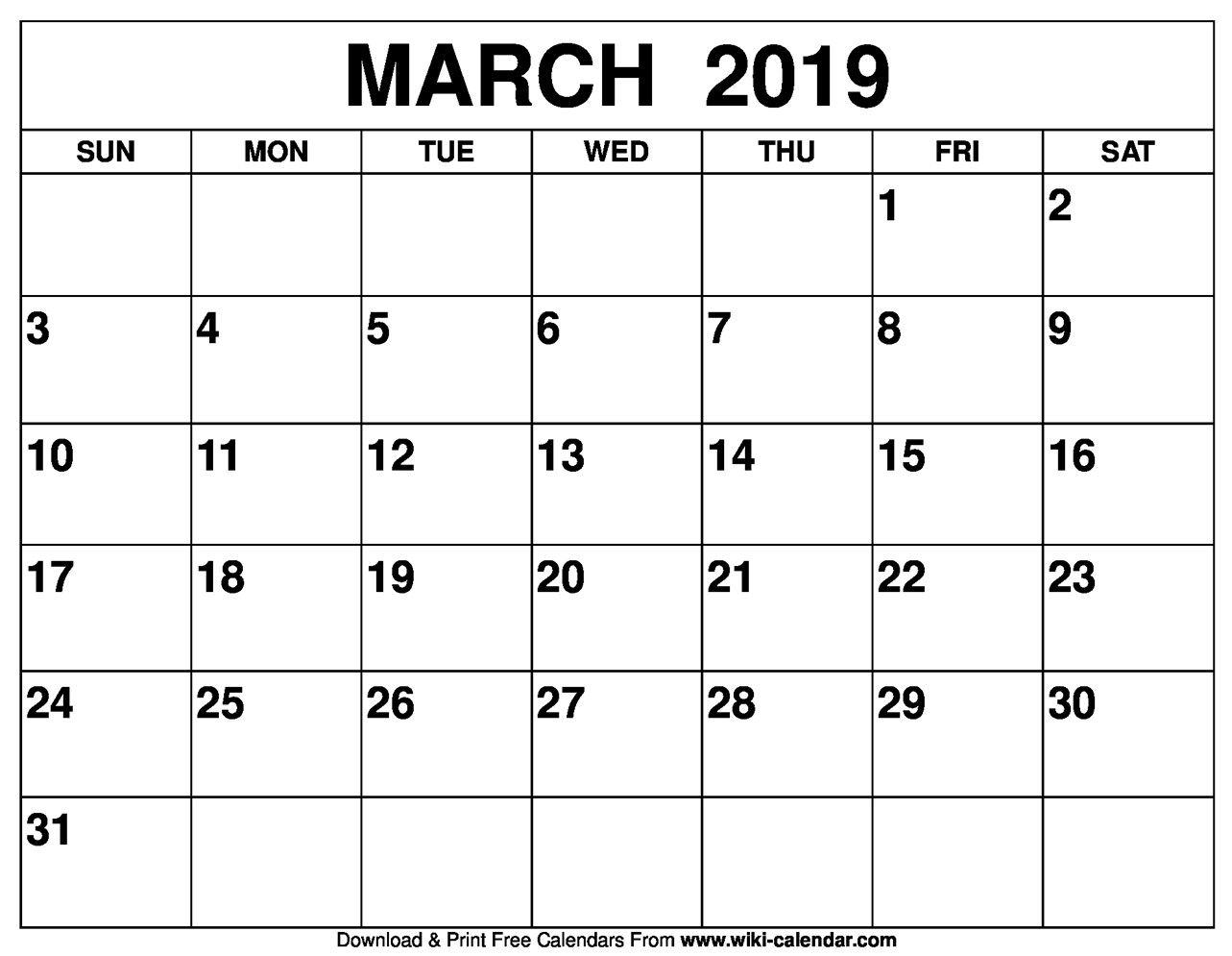 Blank March 2019 Calendar Printable