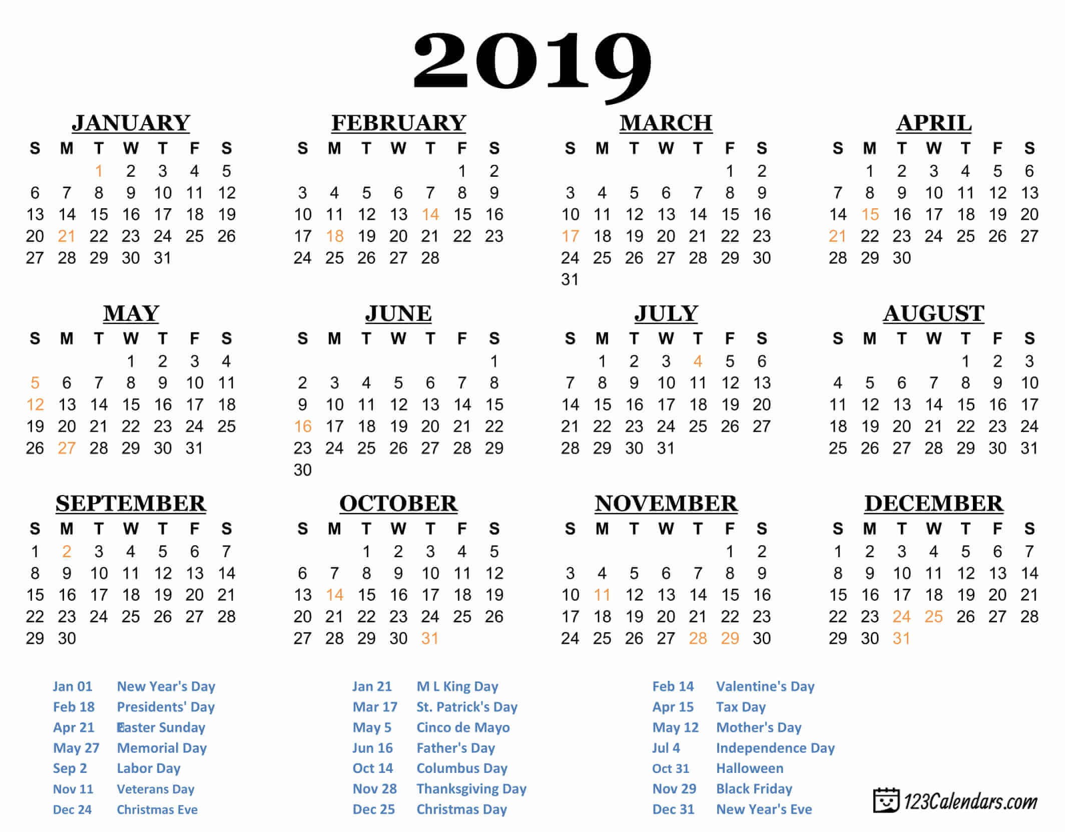 2019 Printable Calendar 123Calendars