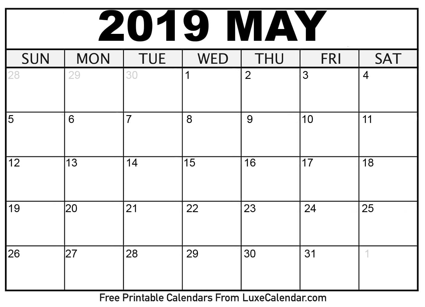 Blank May 2019 Printable Calendar Luxe Calendar