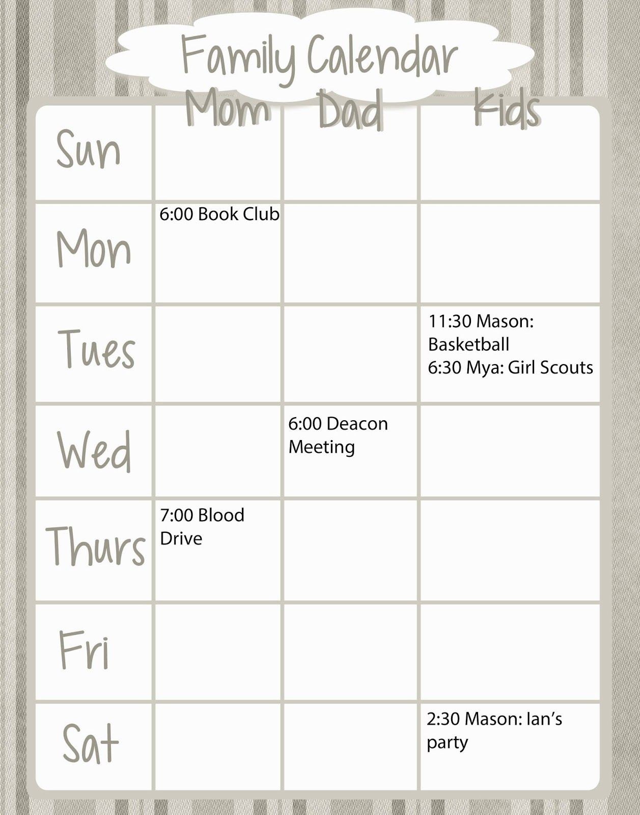 Family Weekly Calendar Free Printable Kids