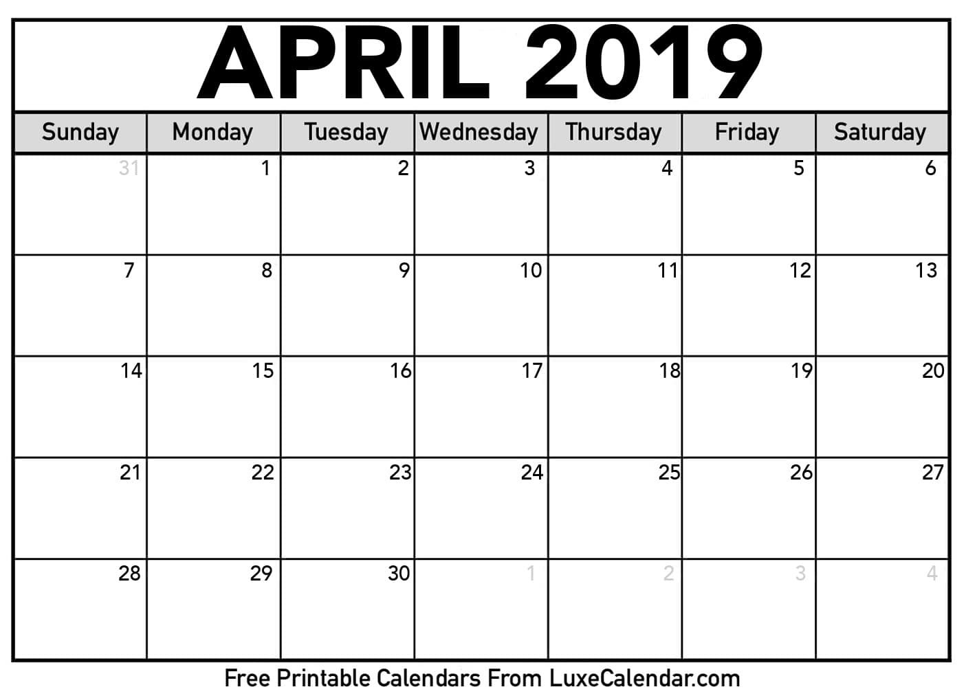 Blank April 2019 Printable Calendar Luxe Calendar
