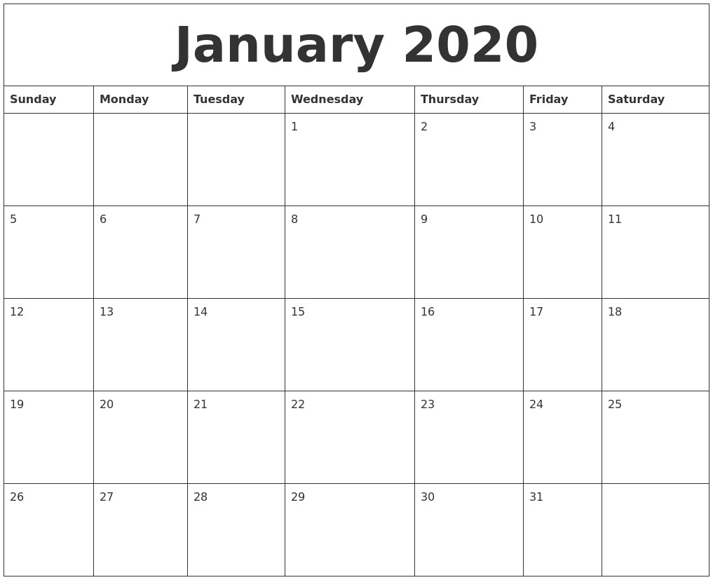 January 2020 Printable Calendar Free